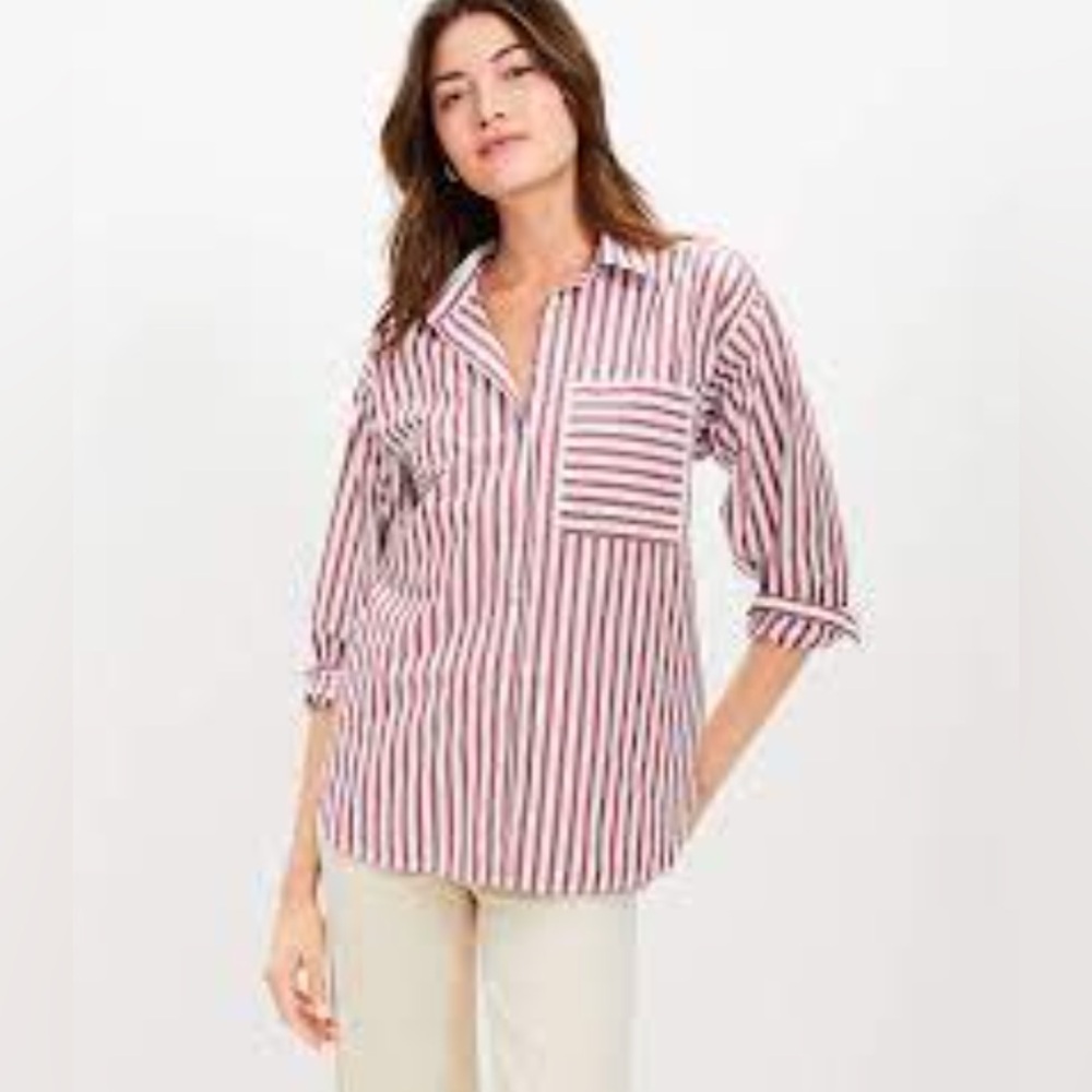LOFT Striped Poplin Oversized Pocket Shirt - Pale Ruby - Large